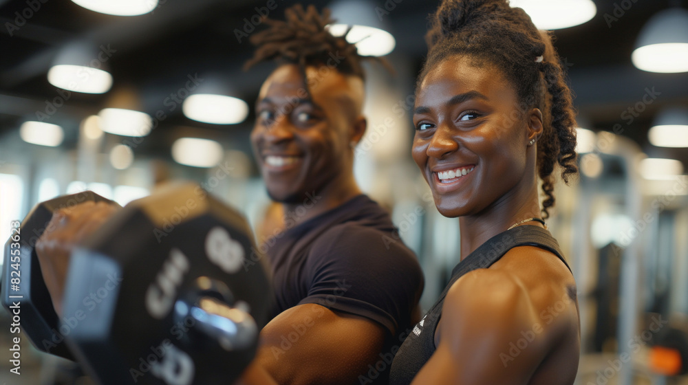 Happy pair at fitness center with weights in foreground