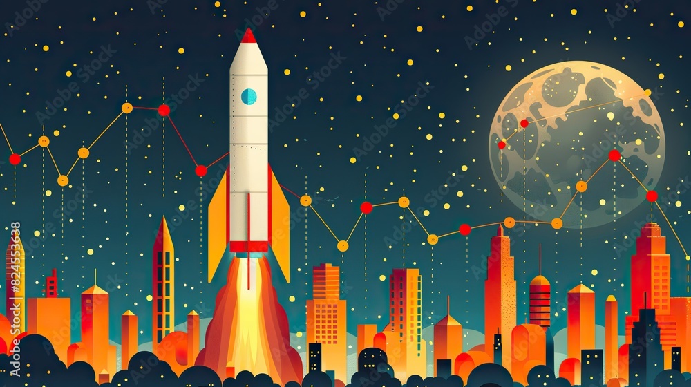 An image of a rocket ship taking off next to an upward-trending line ...