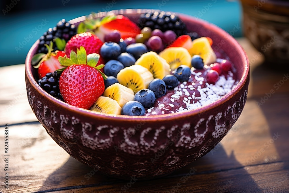 A colorful bowl of Brazilian topped with fresh fruit. A colorful bowl of Brazilian topped with fresh fruit.