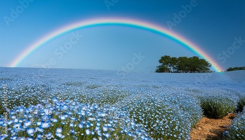 一面のネモフィラの花畑と虹 photo