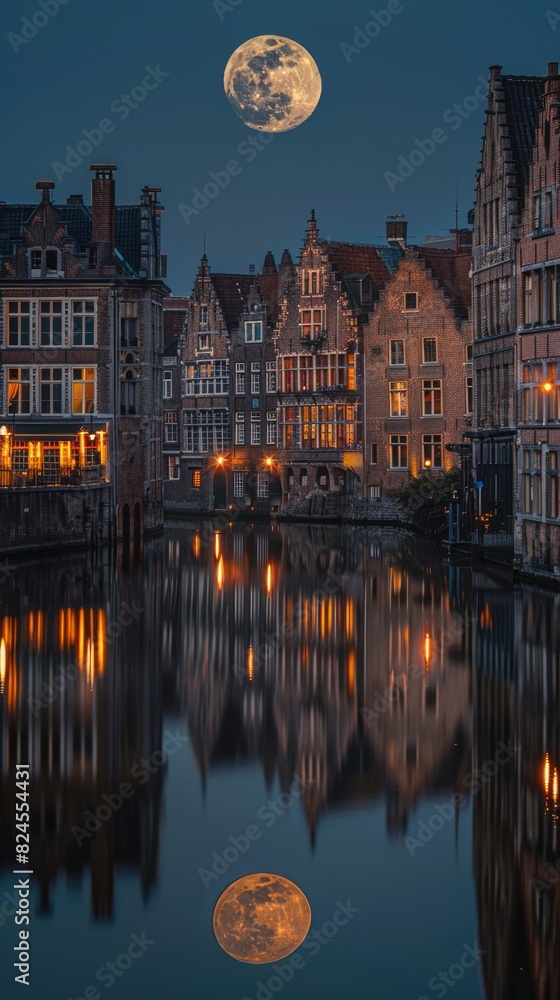 Fototapeta premium Old buildings and the big moon in European cities