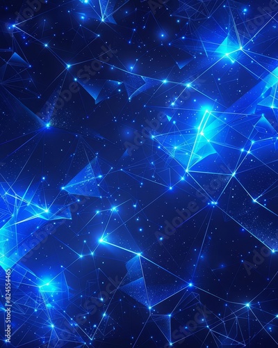 Abstract futuristic blue glowing polygon geometric shapes digital network connection background in deep space. ©  Green Creator