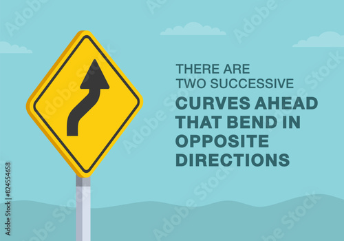 Safe driving tips and traffic regulation rules. Close-up of United States "reverse curve to right" sign. Curves ahead that bend in opposite directions. Flat vector illustration template.