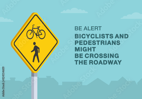 Safe driving tips and traffic regulation rules. Close-up of United States "bicycles and pedestrians" sign. Bicycles and pedestrians might be crossing the roadway. Flat vector illustration template.
