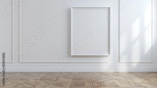 Minimalist empty room with a blank frame on a white wall and a parquet floor. High-definition 3D mockup.