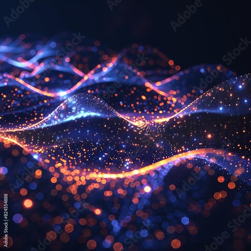 Abstract digital wave with glowing orange and blue particles on dark background. Futuristic data visualization. Concept of technology and science.