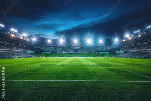 Stadium with wide angle view, clear sky, green field and lights on © DBS