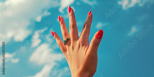 A woman's hand decorated with red painted nails and a black ring on the little finger reaches into the vast expanses of the blue sky, creating a beautiful contrast of colors and emotions.