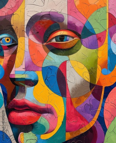 Vibrant and colorful abstract painting of a human face, composed of overlapping geometric shapes and rich hues.