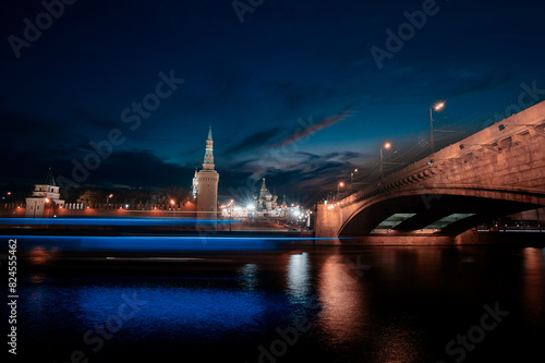 Beautiful city landscape at night. The Moscow River and Kremlin buildings.