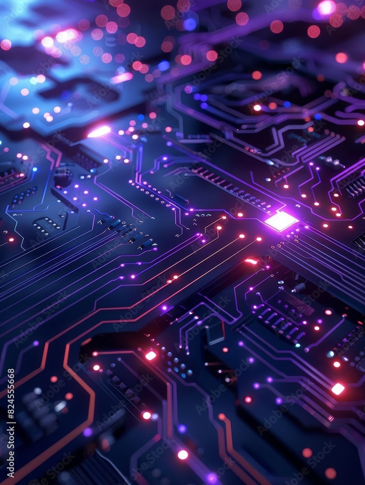 Close-up of a glowing circuit board with intricate patterns, showcasing modern technology and electronic design in vivid colors. Close-up of a glowing circuit board with intricate patterns, showcasing modern technology and electronic design in vivid colors.