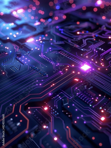 Close-up of a glowing circuit board with intricate patterns  showcasing modern technology and electronic design in vivid colors.
