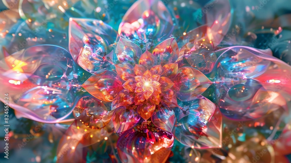 Vibrant digital abstract art featuring a kaleidoscopic burst of colors and intricate patterns, resembling a crystal flower in full bloom. Vibrant digital abstract art featuring a kaleidoscopic burst of colors and intricate patterns, resembling a crystal flower in full bloom.