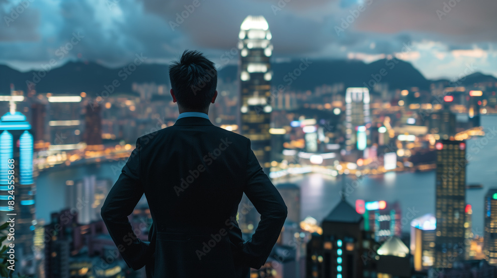 A business executive standing on a high-rise rooftop, overlooking a city skyline A business executive standing on a high-rise rooftop, overlooking a city skyline