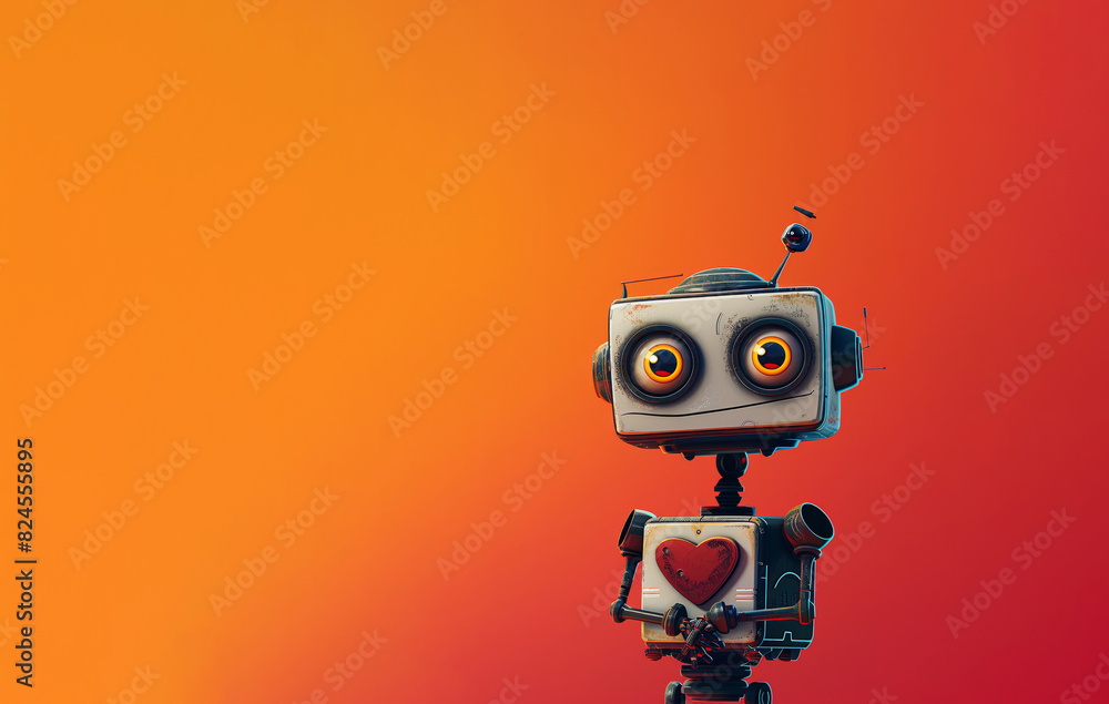 Cute Robot with Heart on Chest Against Orange Background. Generative-AI Cute Robot with Heart on Chest Against Orange Background. Generative-AI