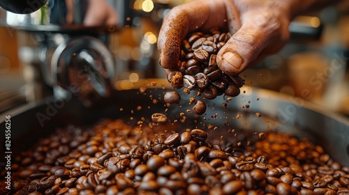 A person is shown scooping coffee beans into a pan