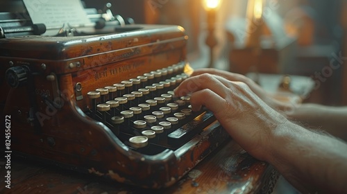 A person is actively typing on an old fashioned typewriter