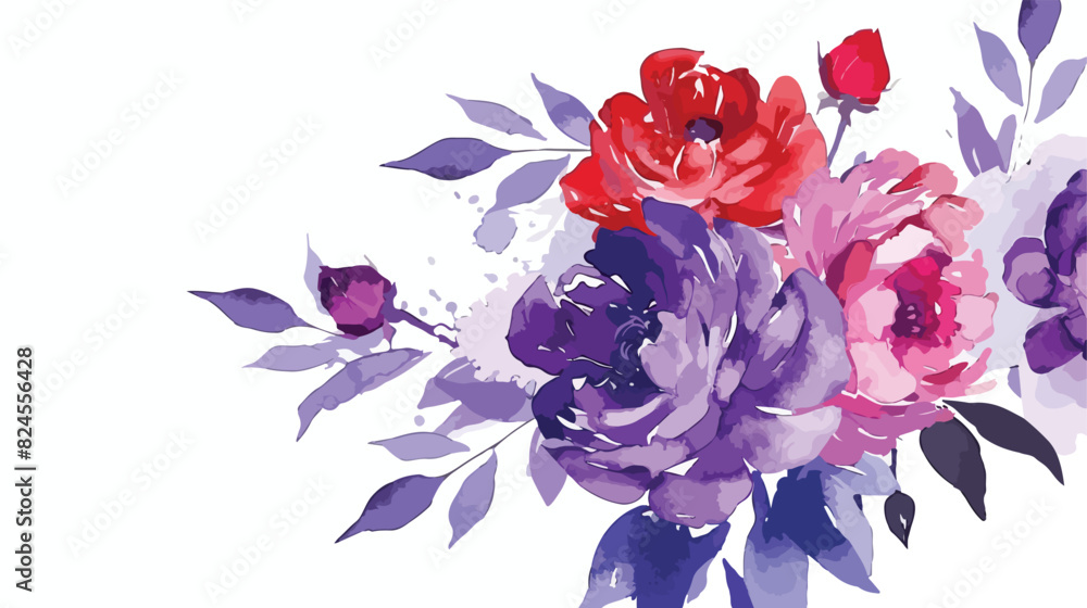 Watercolor purple red roses and peonies bouquet flower