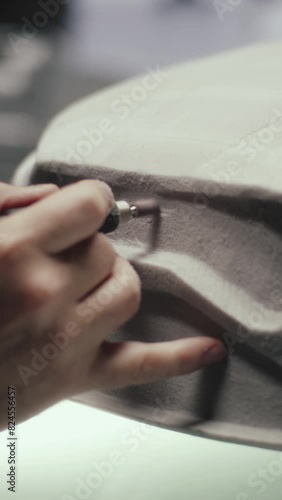 Wallpaper Mural Senior car designer and developer uses a pen type rotary tool for honing the rake sculpture of a prototype car model in a high tech studio. Makes the design corrections. Automotive industry. Vertical Torontodigital.ca