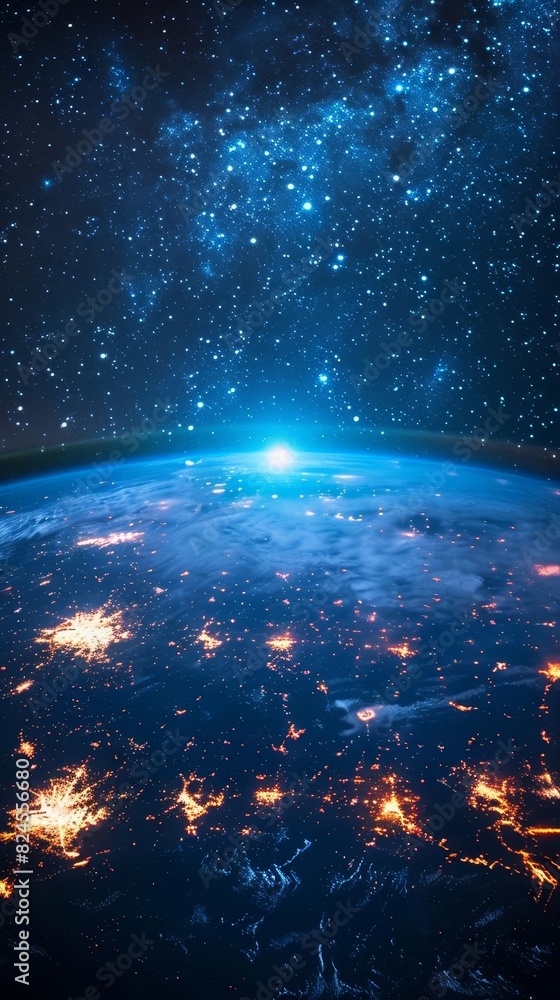Stunning view of Earth from space with a vibrant starry sky. Illuminated cities and glowing atmosphere seen from high altitude. Stunning view of Earth from space with a vibrant starry sky. Illuminated cities and glowing atmosphere seen from high altitude.