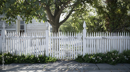 A white fence with white vertical pickets, creating a classic and charming atmosphere of a rural landscape.
