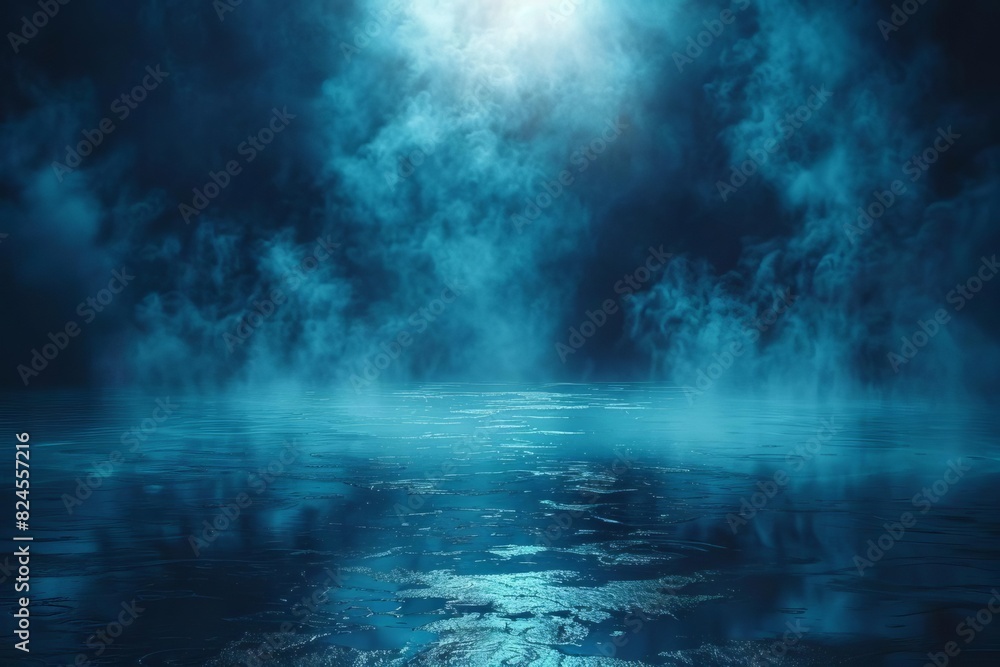 Mysterious and moody blue mist over a water surface with a bright light in the background, creating an ethereal and mystical atmosphere.