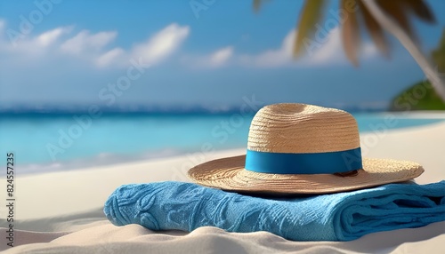 Summer Essentials  Capturing the Quintessential Beach Vibe with a Blue Towel and Hat