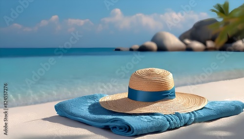 Summer Essentials  Capturing the Quintessential Beach Vibe with a Blue Towel and Hat