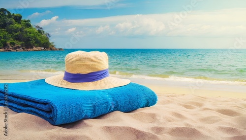 Summer Essentials  Capturing the Quintessential Beach Vibe with a Blue Towel and Hat