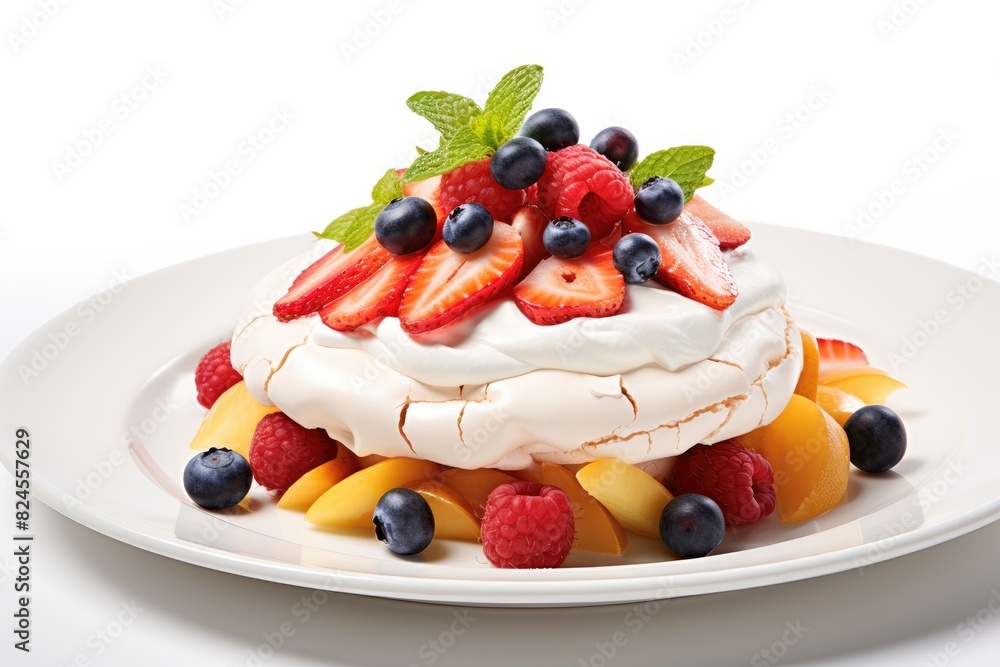 Australian pavlova adorned with whipped cream and fruit. White background. Australian pavlova adorned with whipped cream and fruit. White background.