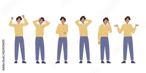 Young Man feel different negative and positive emotions. Various male gestures and poses Set. Successful, happy, crisis, unsure, fail, professional stress