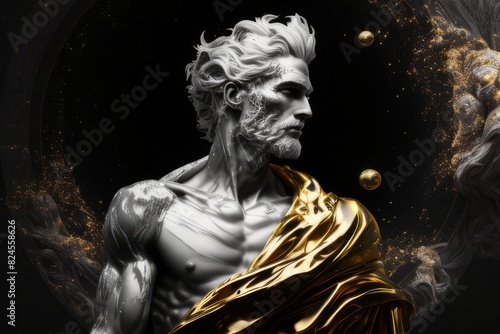 Stoic Marble Sculpture Deity with Golden Accents