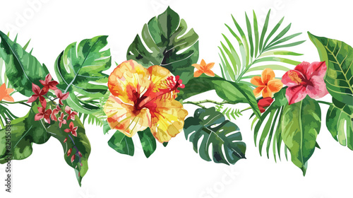 Watercolor tropical leaves and flowers repeating bord photo