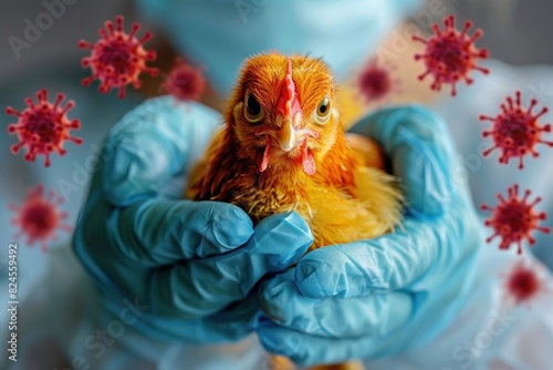 A doctor with gloves holding a sick, tired chicken, emphasizing the spread of bird flu and infection photo