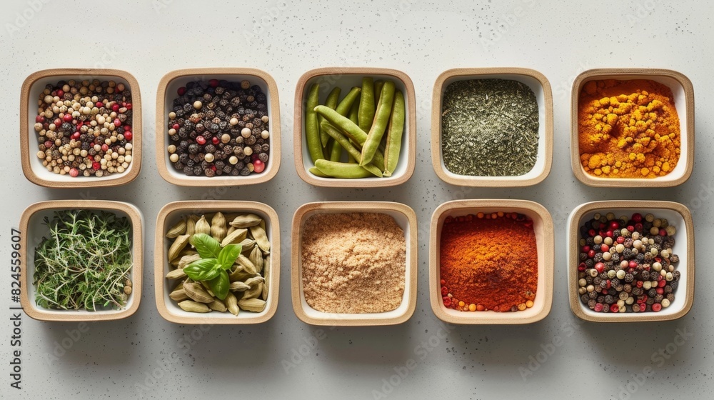 Culinary Harmony: Grid of Neatly Arranged Spices on Neutral Background Culinary Harmony: Grid of Neatly Arranged Spices on Neutral Background