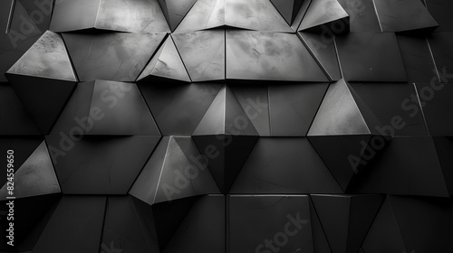 Abstract geometric black pyramid pattern wall with shadows and highlights forming an intricate, repetitive 3D design. photo