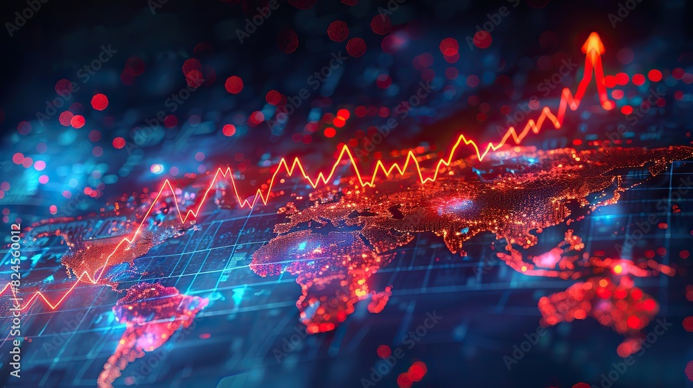 An upward arrow on a chart with a global map background, indicating ...