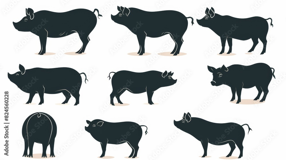 Black pig silhouettes on white background, diverse pigs vector collection. Ideal for agriculture branding, meat store logos, educational materials, and countryside imagery