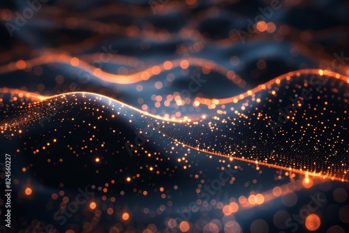 Abstract digital waves with glowing particles, representing futuristic technology and data visualization. photo