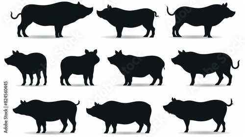 Black pig silhouettes on white background  diverse pigs vector collection. Ideal for agriculture branding  meat store logos  educational materials  and countryside imagery