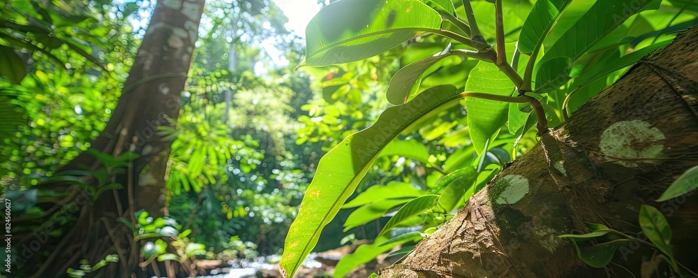 Obraz premium A lush green rainforest with sunlight filtering through the canopy, highlighting vibrant foliage and natural tranquility.