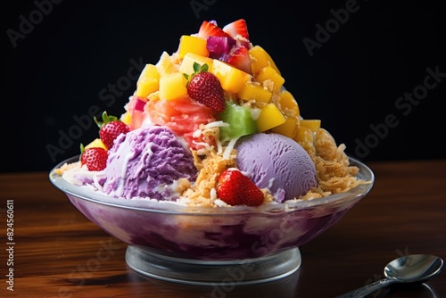 Filipino halo-halo, a colorful shaved ice dessert.