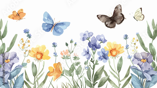 Watercolor wildflowers butterflies and leaves Four © Geforce