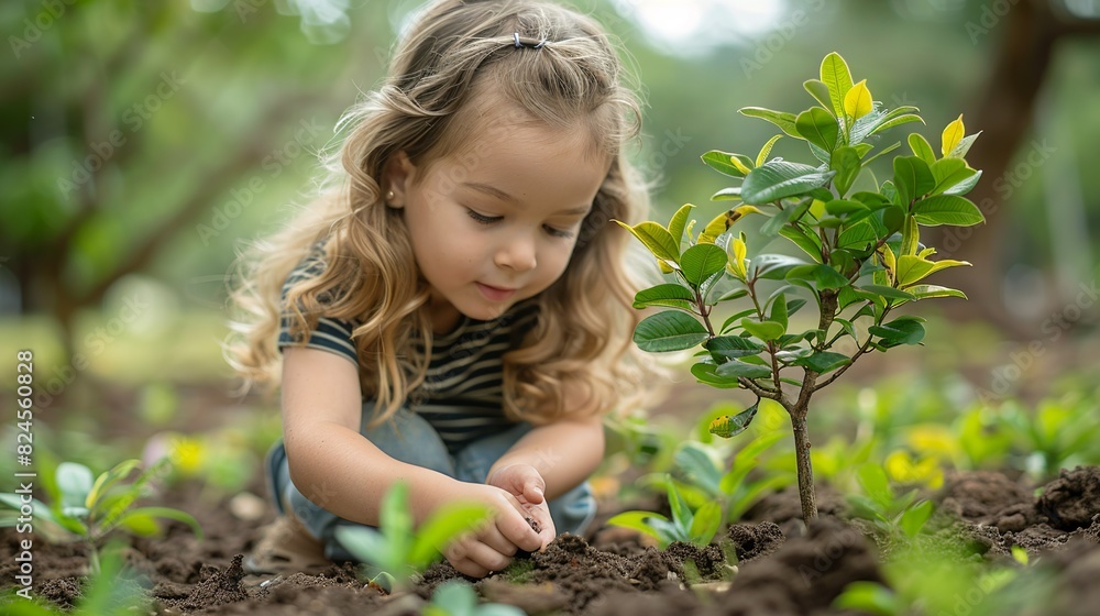 Environmental conservation concept, A child planting a tree in a park, symbolizing future generations taking action to protect the environment. Realistic Photo, Environmental conservation concept, A child planting a tree in a park, symbolizing future generations taking action to protect the environment. Realistic Photo,