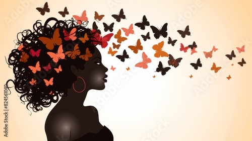 Black woman silhouette with flying butterflies, vector illustration © Spear