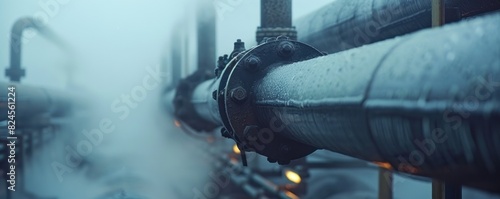 Steam pipes enveloped in fog, depicting heating systems and pipelines. Important for heat power engineering and the maintenance of critical industrial equipment and materials photo