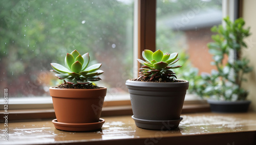 A green and white potted succulent sits on a window sill next to a window. Raindrops cover the window.