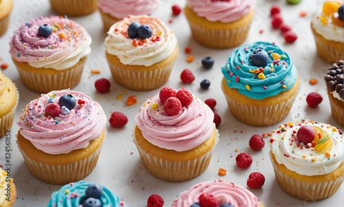 Cupcakes with colorful sprinkles, berries, and frosting displayed on a white surface