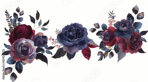 Watercolour Floral Bouquets Bordo Navy Roses Fall Arr photo