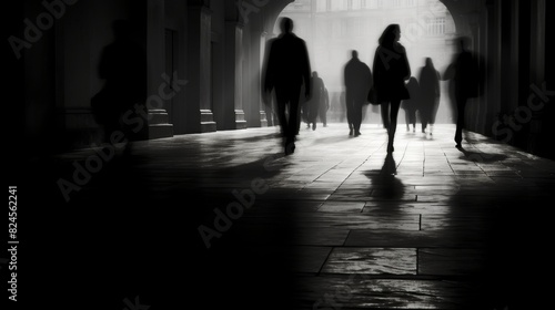 Blurry shadow silhouette of  people walking on pedestrian street in black and white © Spear